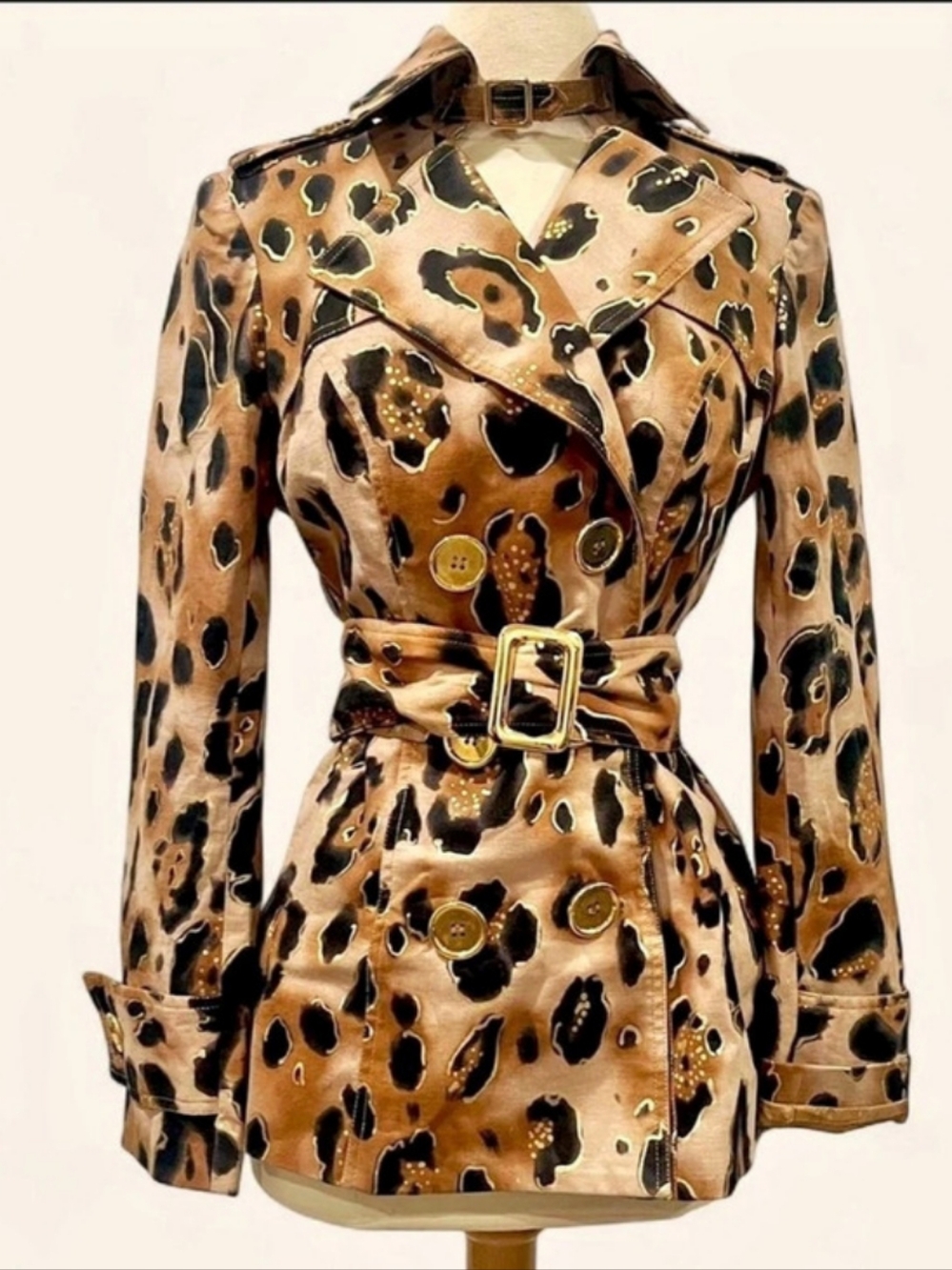 Cache Vintage Leopard Print Belted Trench Coat Size M, Like New. Fits 6-8 Best.